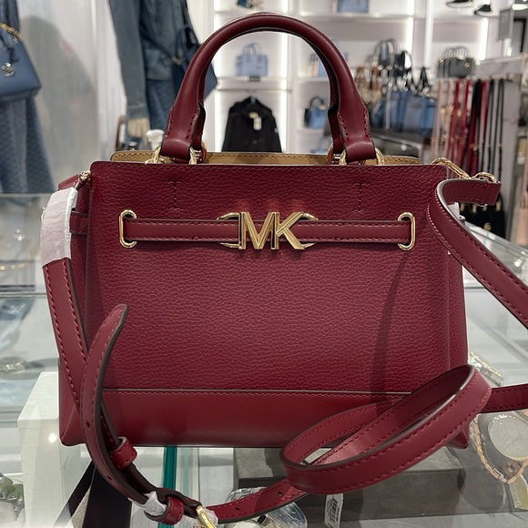 Michael Kors Reed Small Dark Cherry Leather Center Zip Belted Satchel Bag Purse - Picture 10 of 16